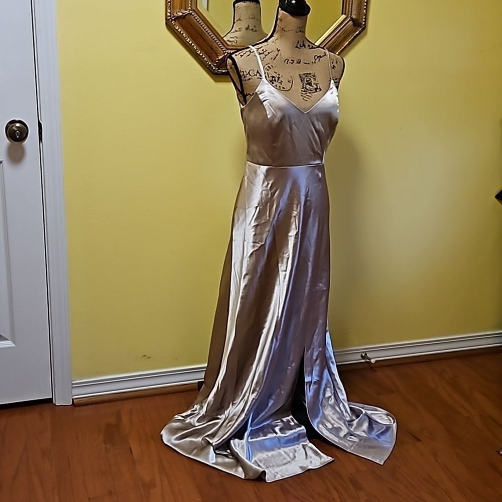 Birdy Grey Gold Satin Sleeveless Maxi Gown Slit Small - Picture 5 of 14